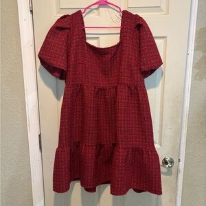 Red Textured Short Sleeve Dress